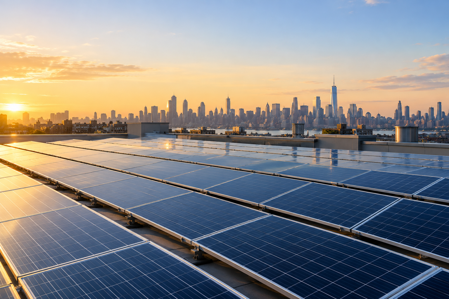 Clean solar panels overlooking a metropolitan skyline